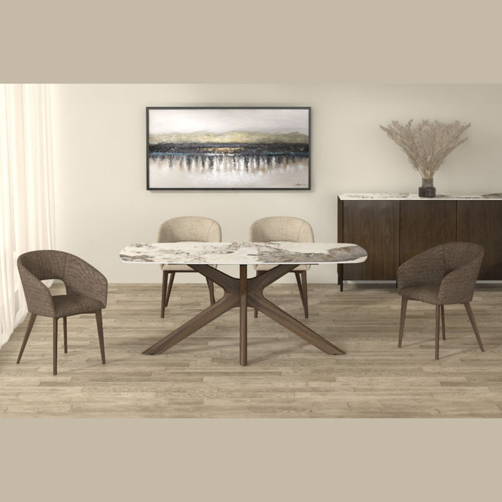 Introducing the Ayla collection - the ultimate combination of style and sophistication! Stunning walnut veneer on solid birch legs, sintered stone table and console tops for a luxurious touch. With its sleek and minimalistic design, it is the perfect addition to any contemporary or modern space.