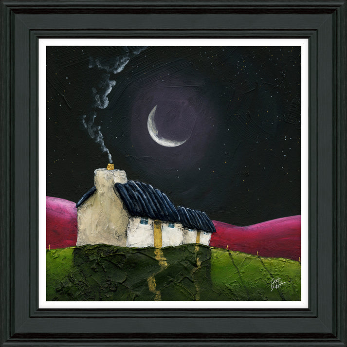 A row of country cottages under a moonlit night sky with a drop back of deep pink hills With its picturesque depiction of cosy country cottages bathed in the romantic light of a moonlit night sky, framed by hills of rich, deep pink hues, This artwork adds a