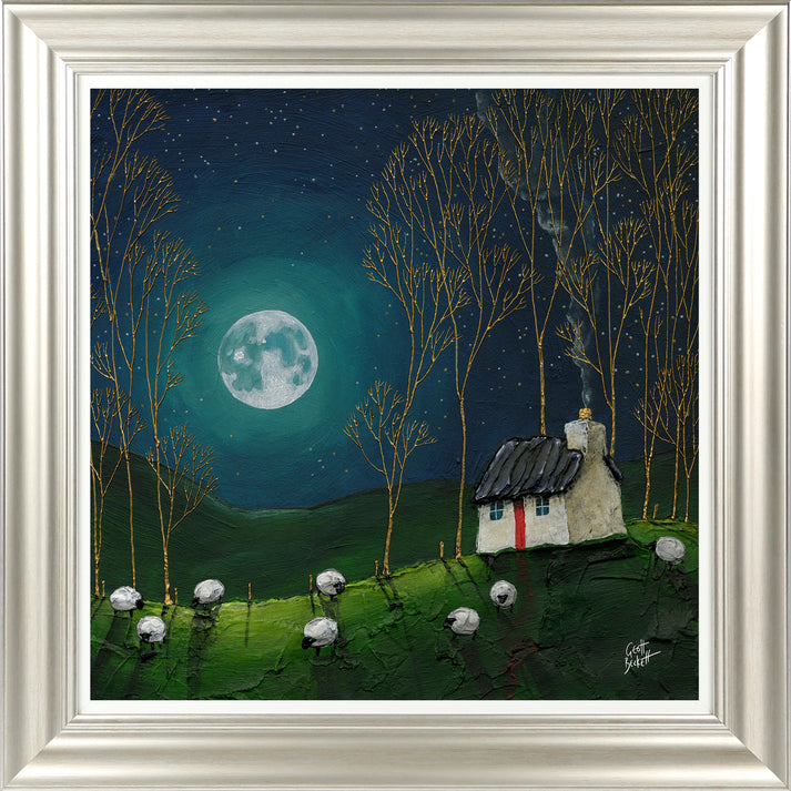 You know that feeling when you just want to escape the hustle and bustle of everyday life? This whimsical print of a flock of sheep grazing under the ethereal moon will transport you to a tranquil forest.