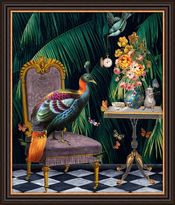 Afternoon tea with an exotic twist. Rich colours and a majestic peacock perched on a regal chair at a lush table setting With its vibrant and sumptuous hues, this exquisite piece features a captivating peacock, gracefully perched on a majestic throne amidst a lavish and opulent tea time scene.