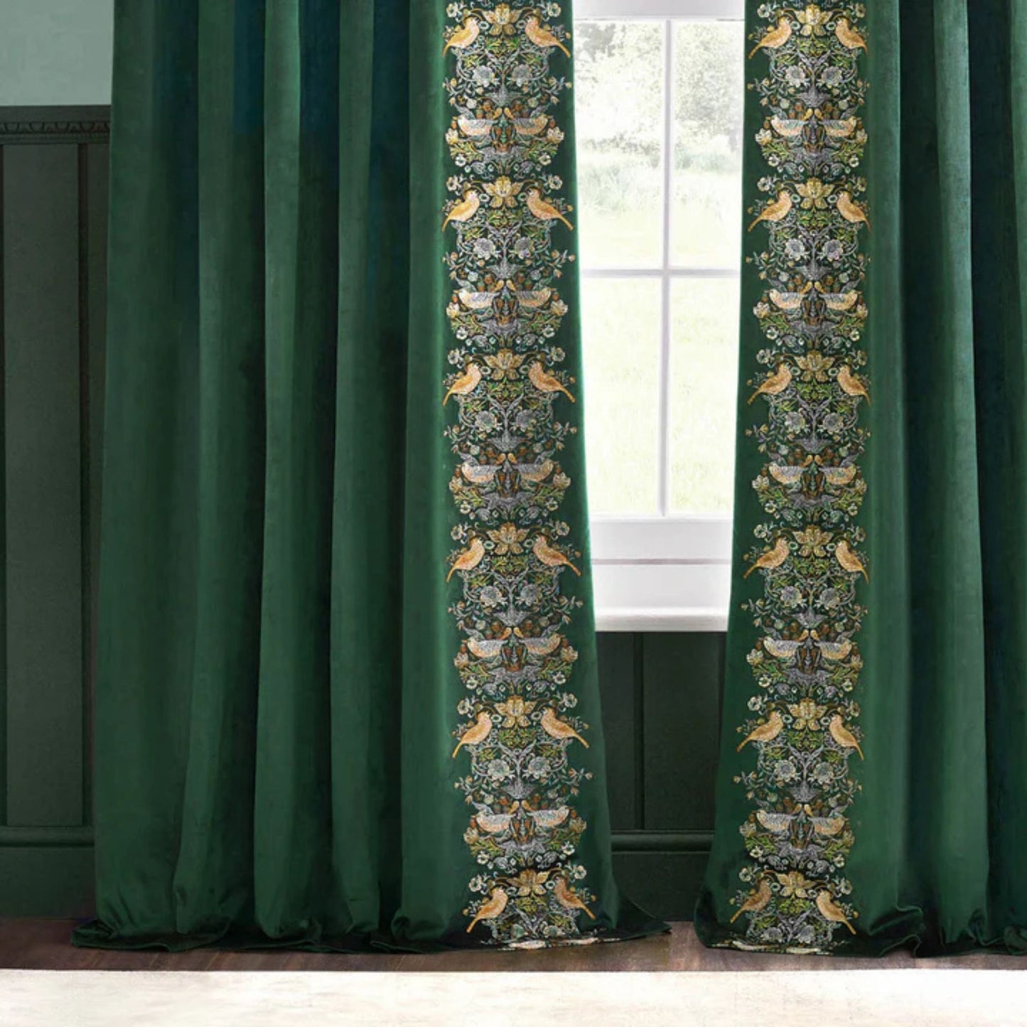 William Morris Strawberry Thief Forest Green Velvet Pencil Pleat Curtains