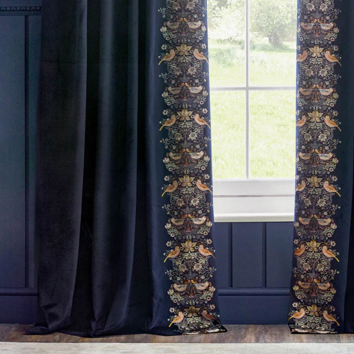 William Morris Strawberry Thief Indigo Velvet Pencil Pleat Curtains