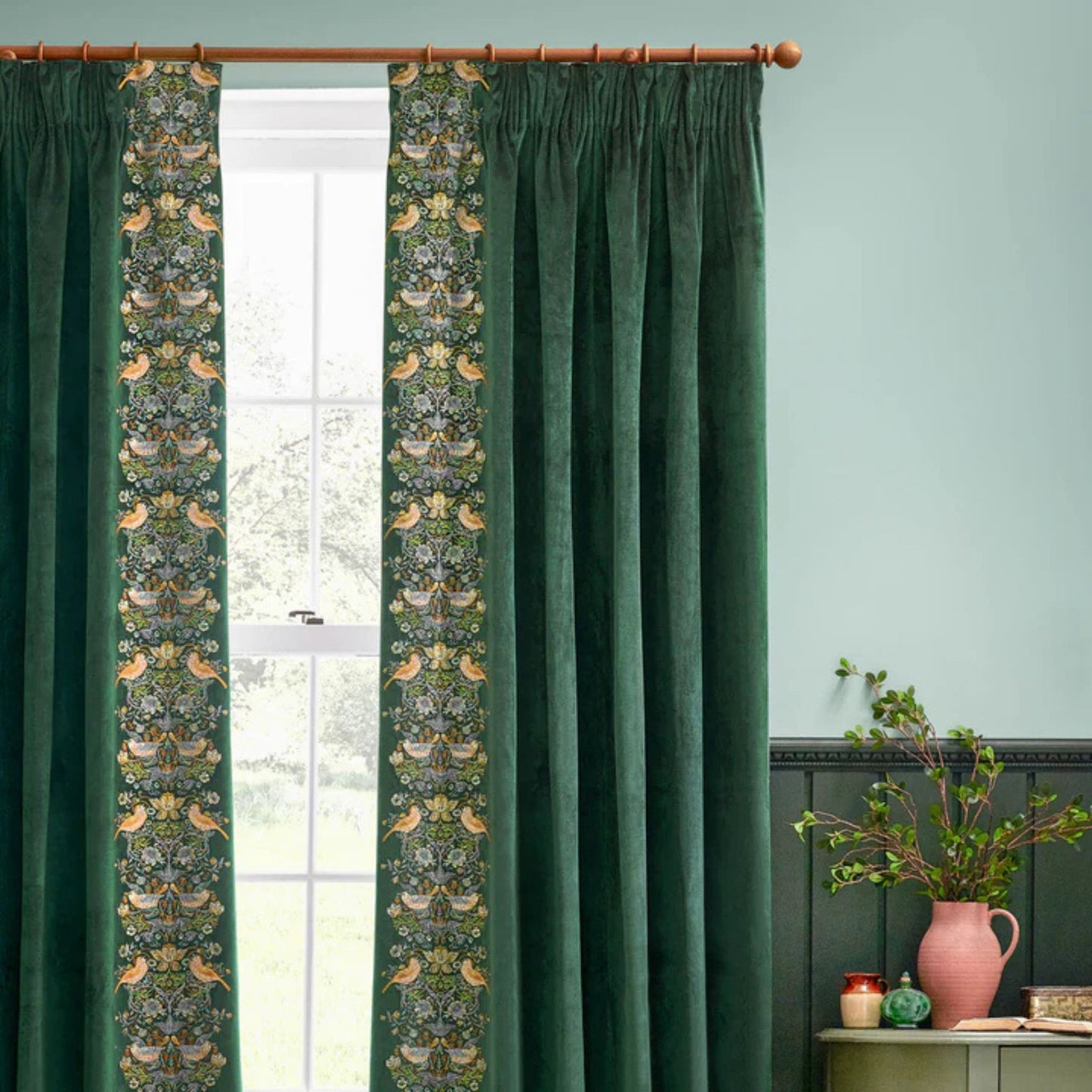 William Morris Strawberry Thief Forest Green Velvet Pencil Pleat Curtains