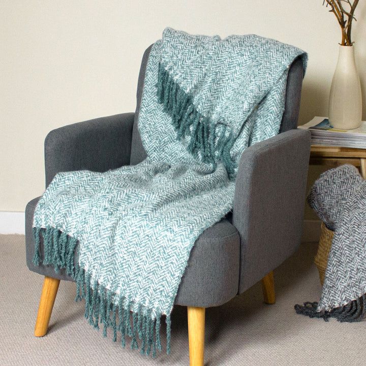 Herringbone Fringed Throw Navy, Teal and Rust