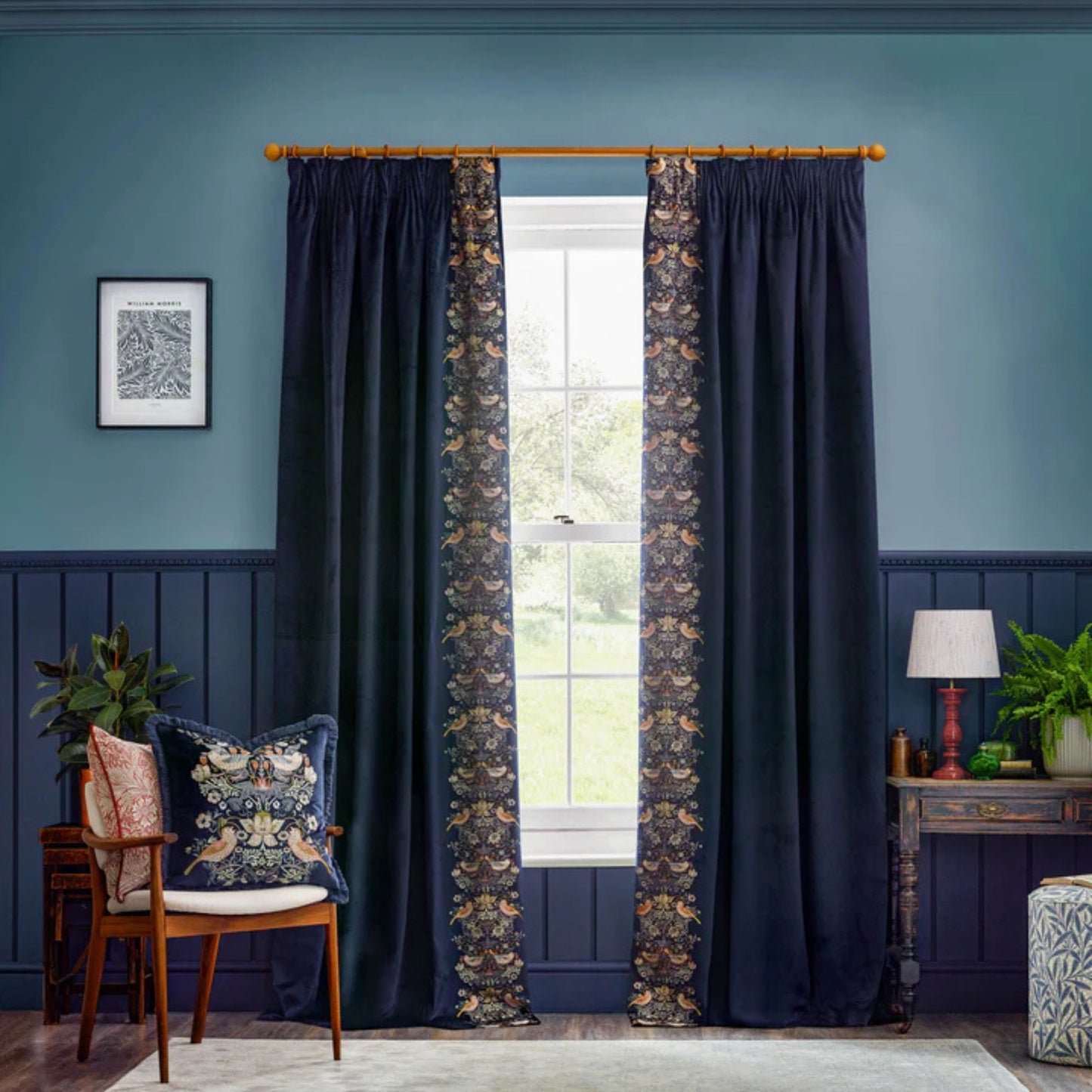 William Morris Strawberry Thief Indigo Velvet Pencil Pleat Curtains