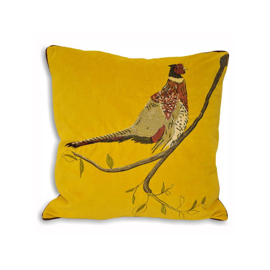 Pheasant Mustard Velvet Cushion