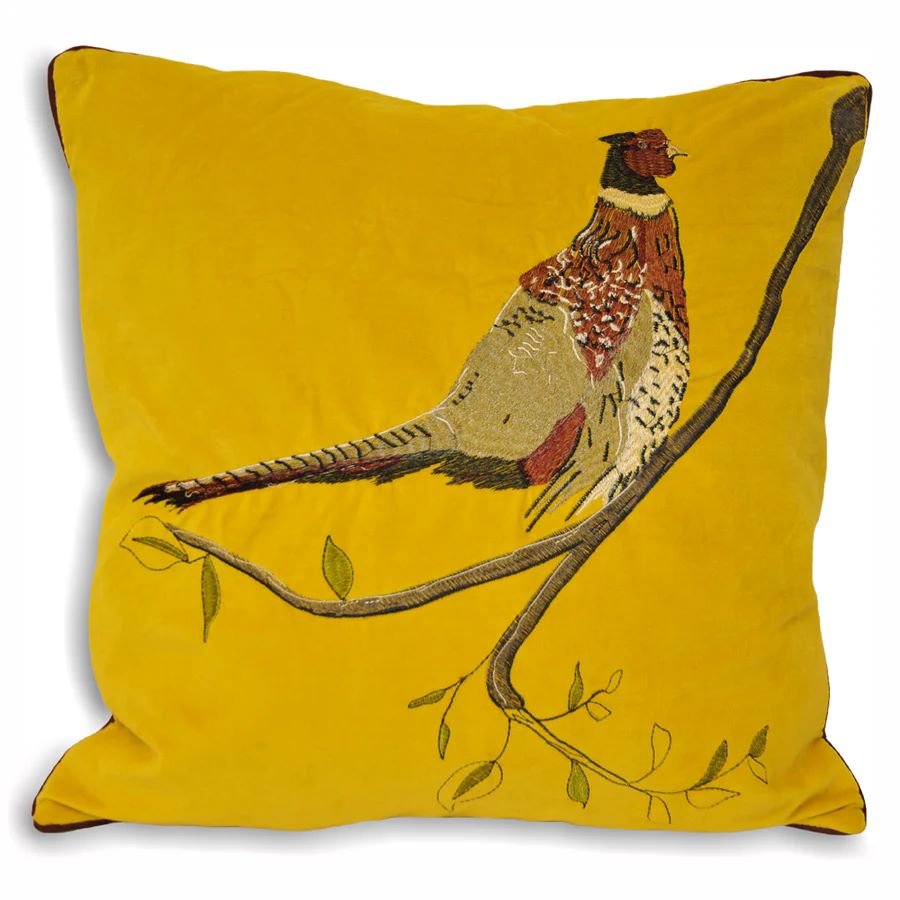 Pheasant Mustard Velvet Cushion