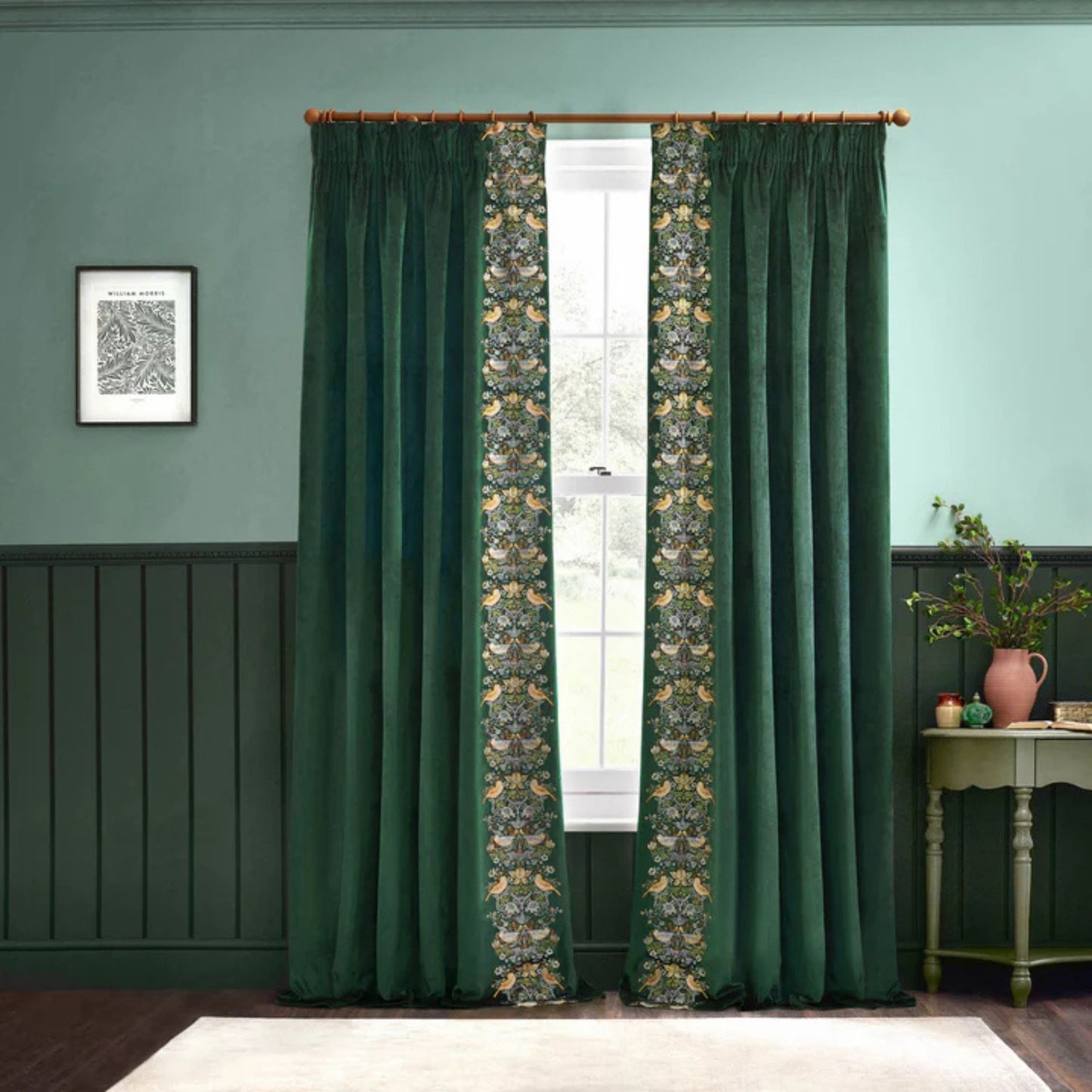 William Morris Strawberry Thief Forest Green Velvet Pencil Pleat Curtains