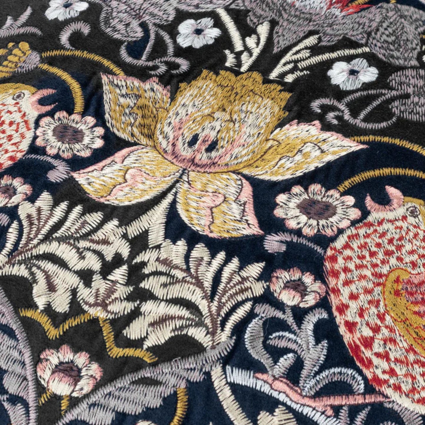 William Morris Strawberry Thief Embroidered Velvet Cushion Indigo