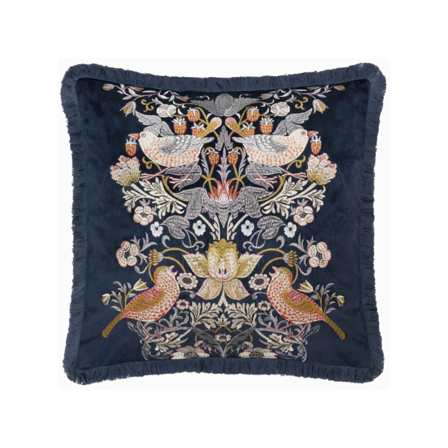 William Morris Strawberry Thief Embroidered Velvet Cushion Indigo