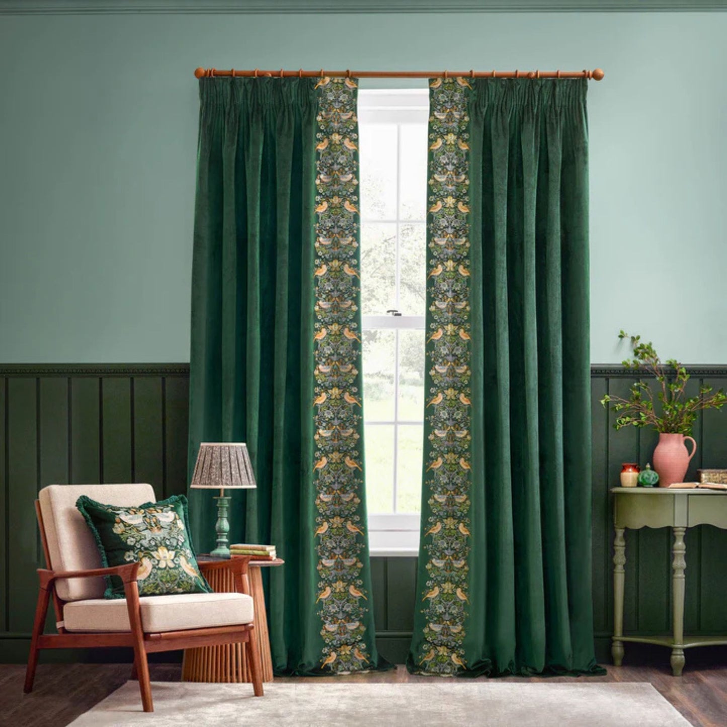 William Morris Strawberry Thief Forest Green Velvet Pencil Pleat Curtains