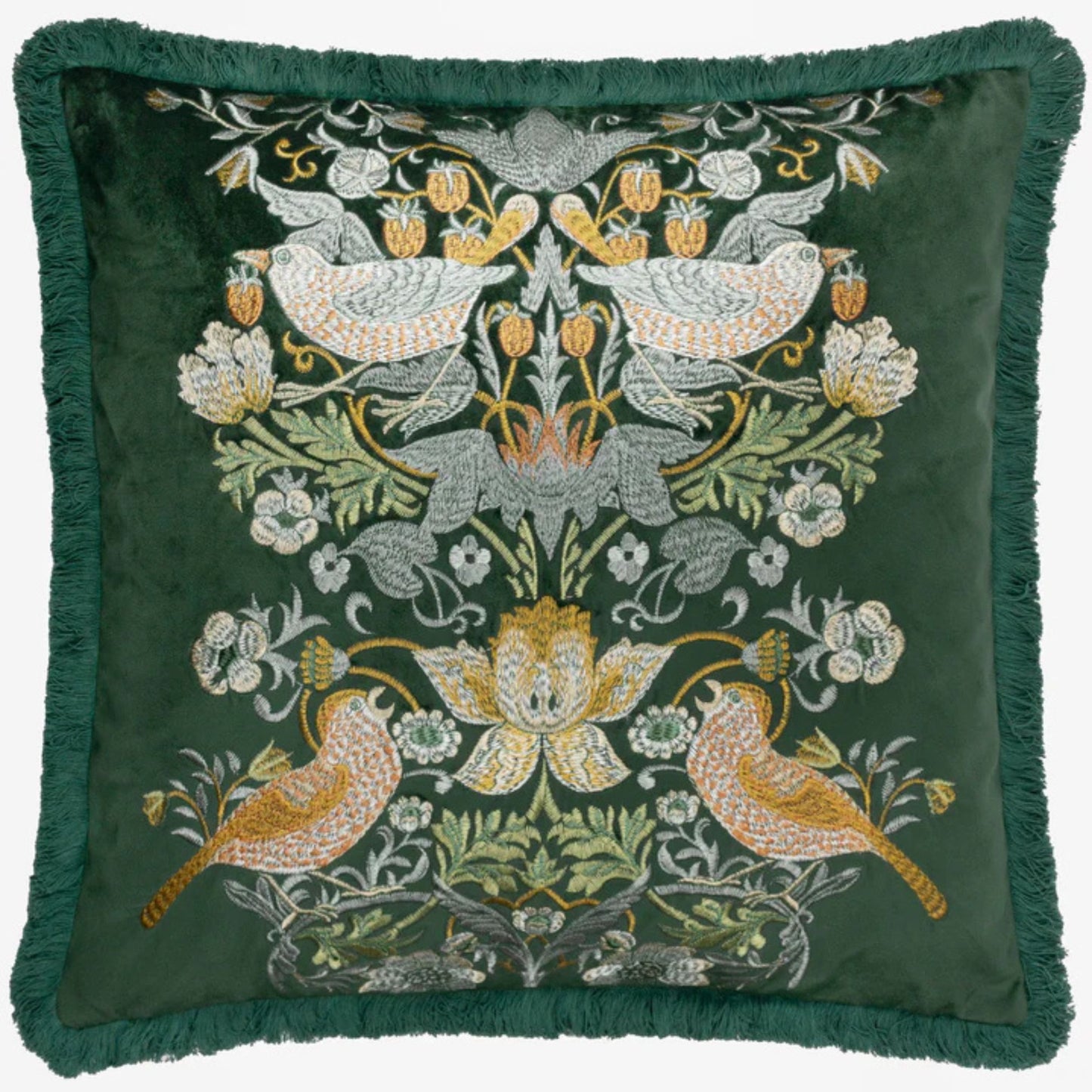 William Morris Strawberry Thief Embroidered Velvet Cushion Forest Green