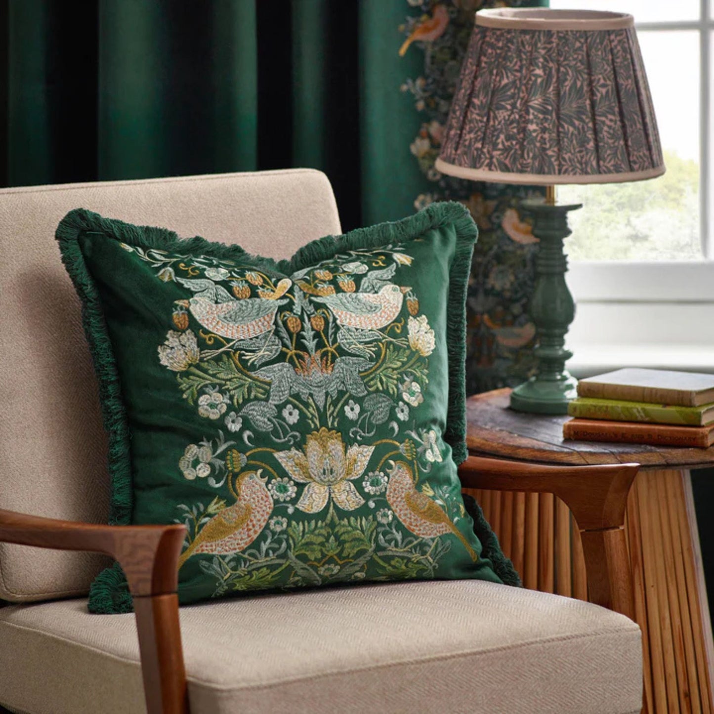 William Morris Strawberry Thief Embroidered Velvet Cushion Forest Green