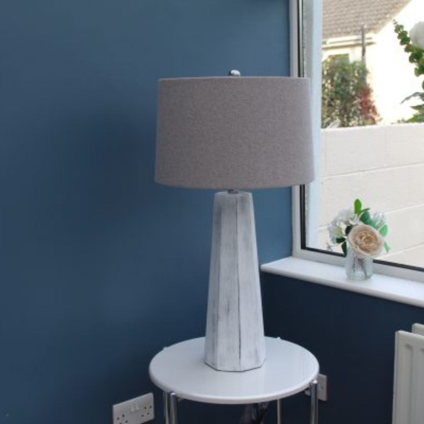 Tall Stone Table Lamp Grey Linen Shade