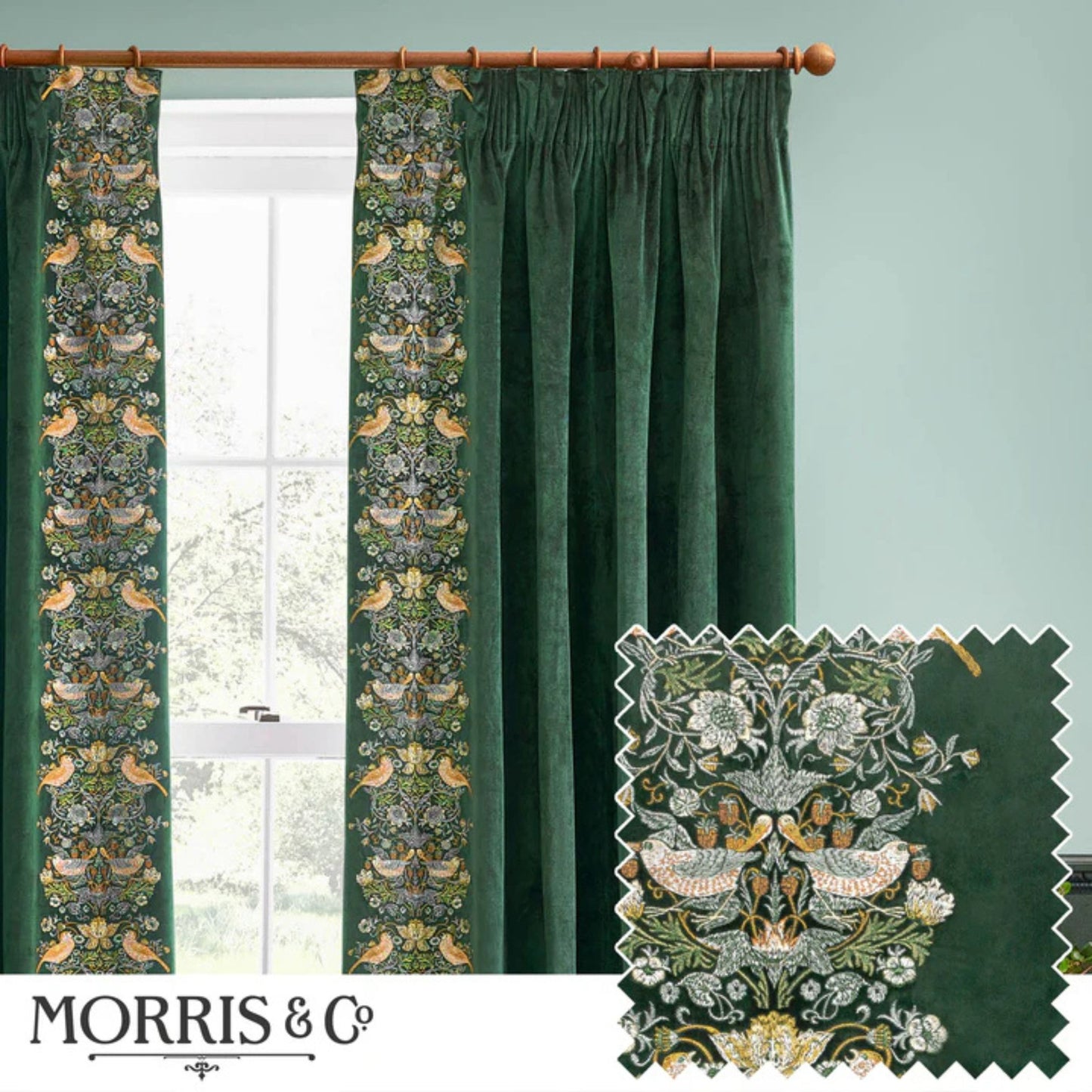 William Morris Strawberry Thief Forest Green Velvet Pencil Pleat Curtains