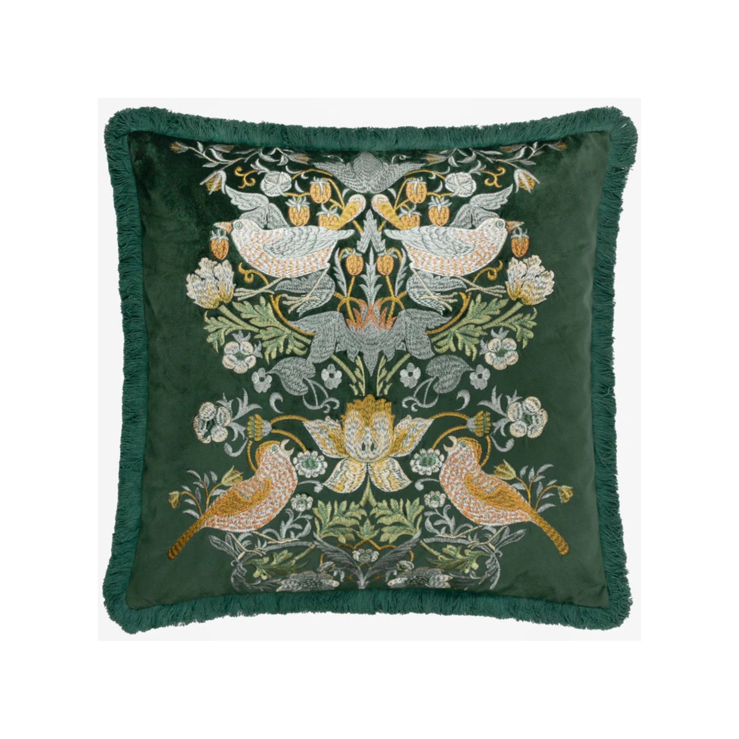 William Morris Strawberry Thief Embroidered Velvet Cushion Forest Green