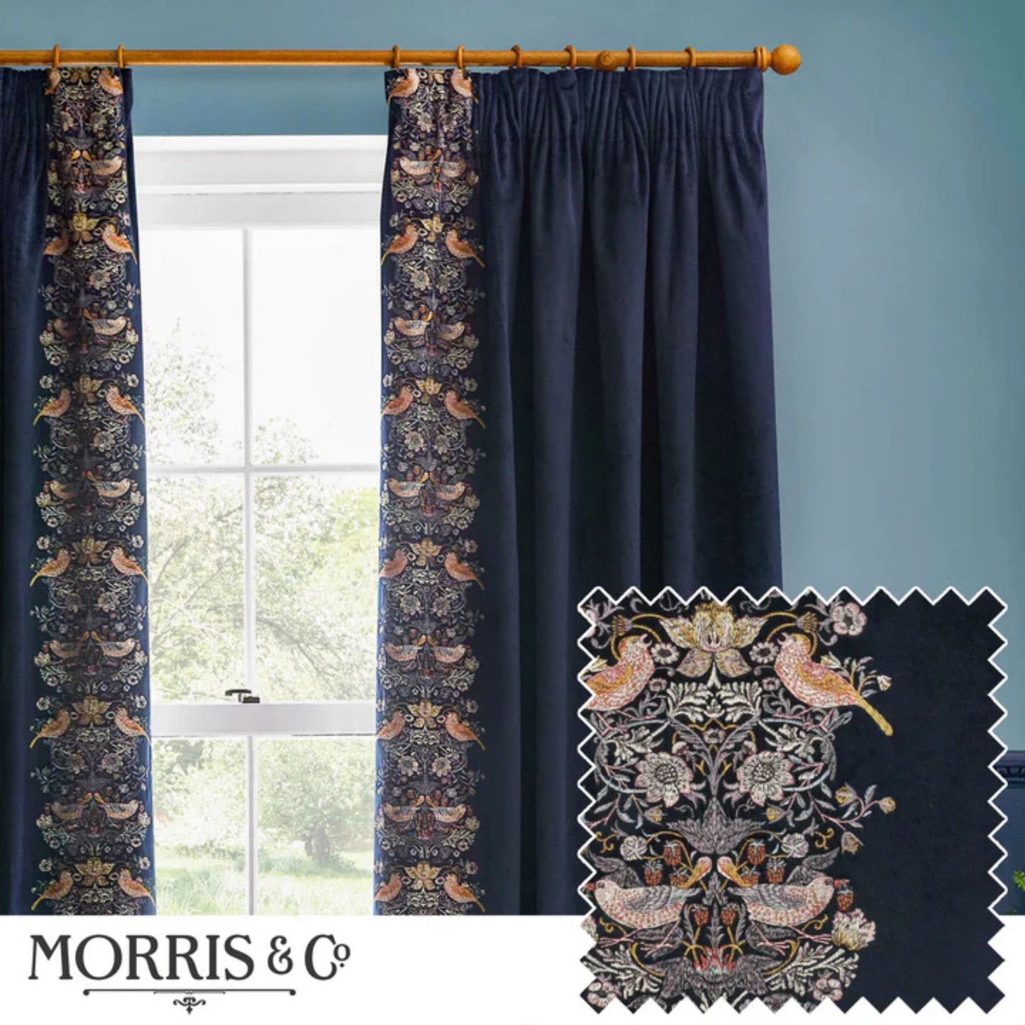 William Morris Strawberry Thief Indigo Velvet Pencil Pleat Curtains