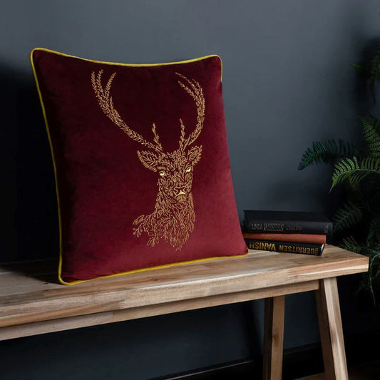 Woodland Stag Cushions Burgundy and Forest Green