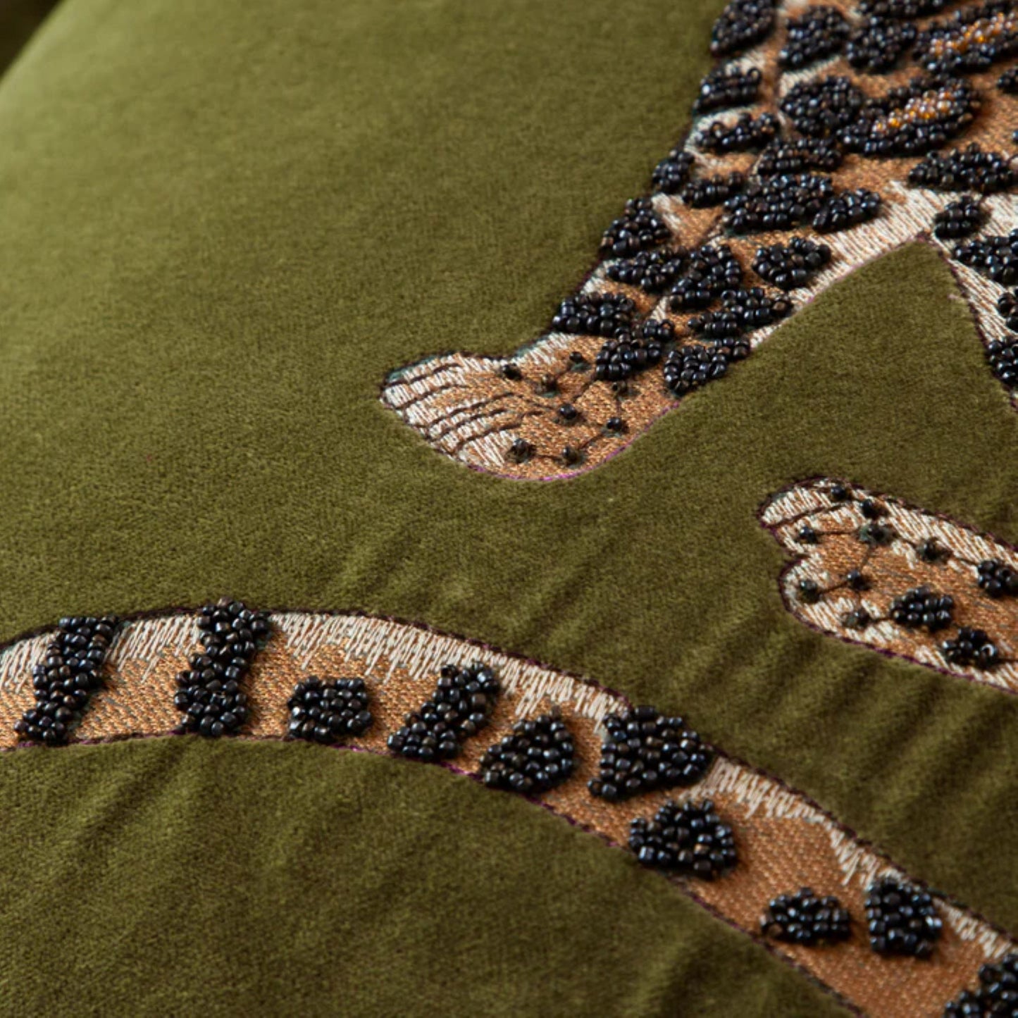 Leopard Embroidered Velvet Cushion Aqua, Mustard, Olive