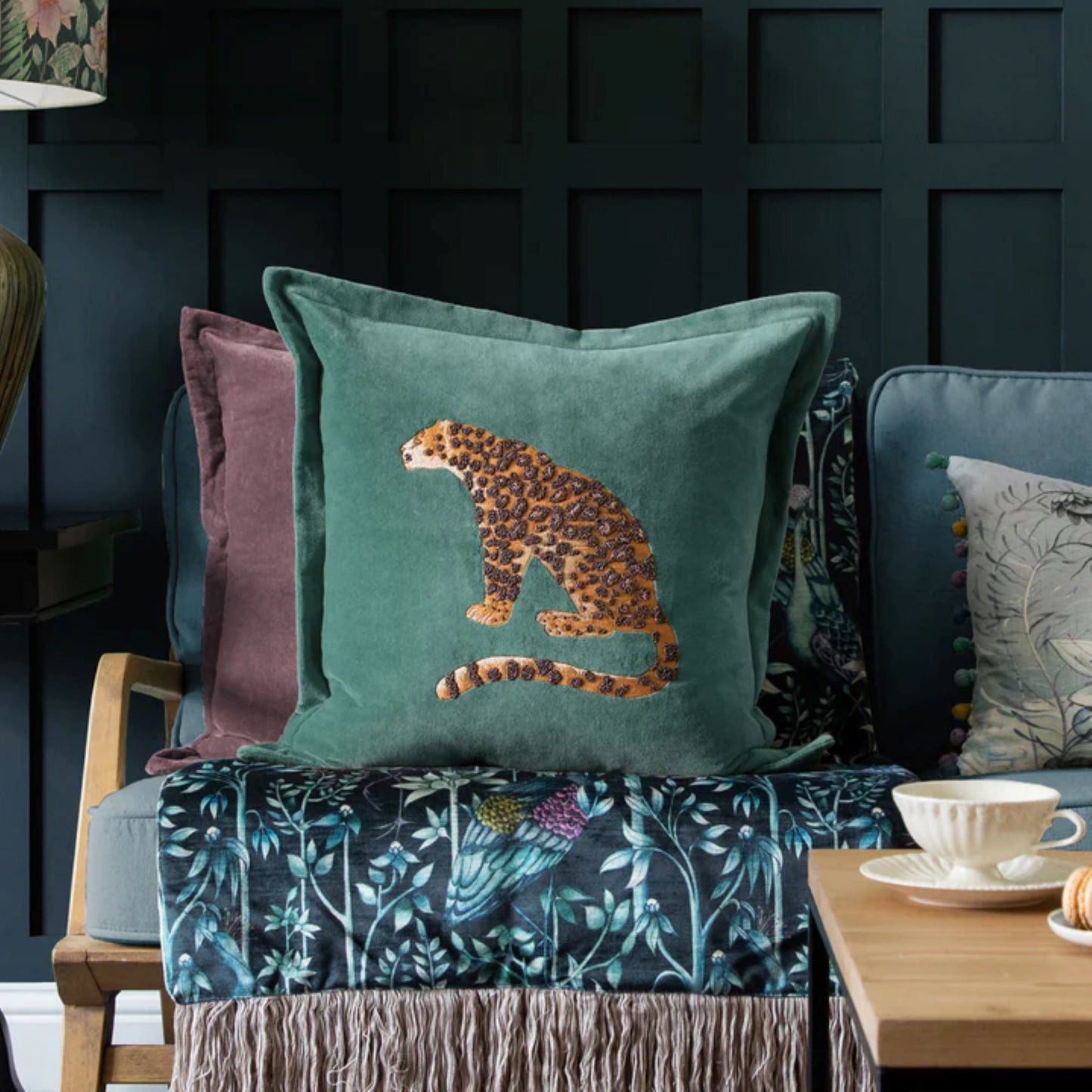 Leopard Embroidered Velvet Cushion Aqua, Mustard, Olive