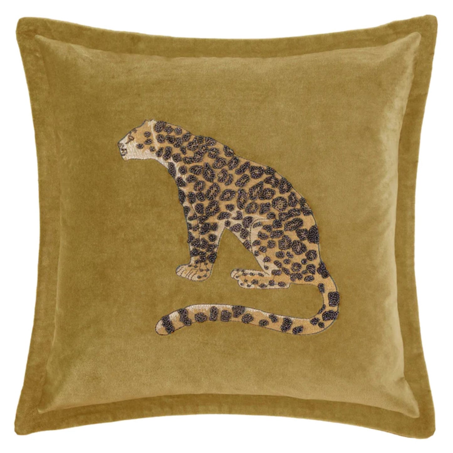 Leopard Embroidered Velvet Cushion Aqua, Mustard, Olive