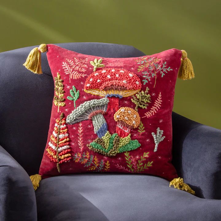 Magic Mushrooms Ruby Red Cushion